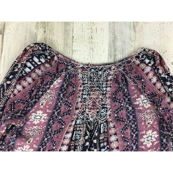 Lucky Brand Boho Print Blouse Blue Maroon Womens Sz S - Picture 10 of 12